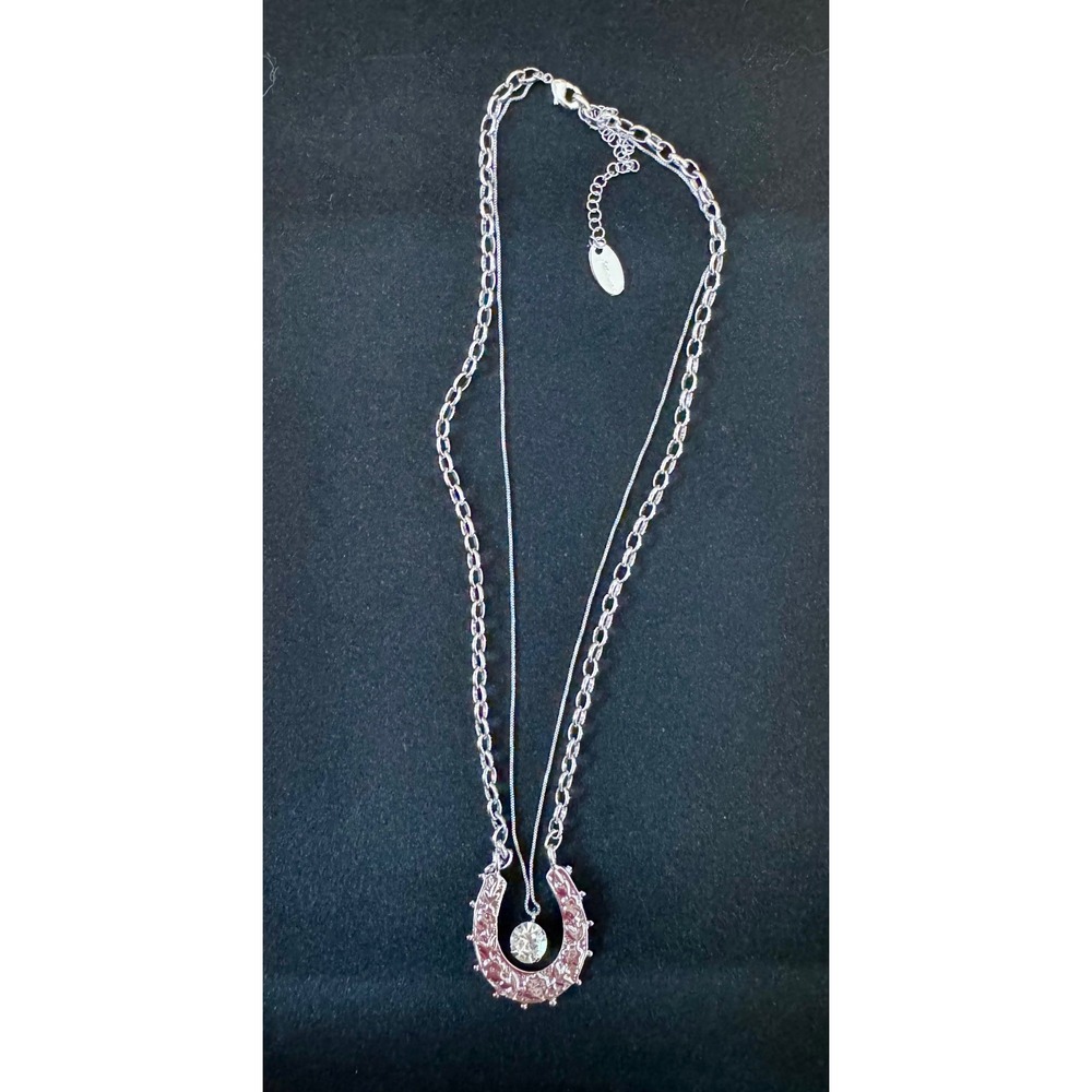 Free People Silver Layered Horseshoe Crystal Pendant Necklace Boho Western